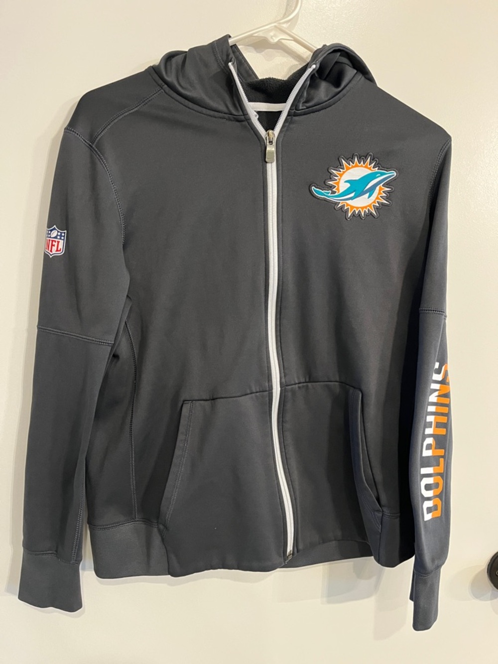 Older girls large 14/16 Nike NFL Onfield Apparel Full Zip Miami Dolphins Hoodie